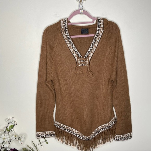 PEREZ Vintage Alpaca Hooded Sweater Aztec Trim Fringe Tan Camel {3D7} - Picture 1 of 4